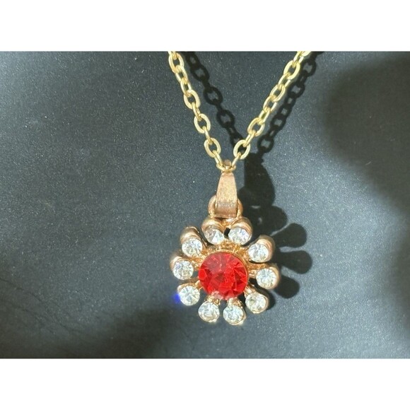 Vintage 18K Gold Plated Red/Clear Rhinestone Studded Pendant Necklace - Picture 2 of 9